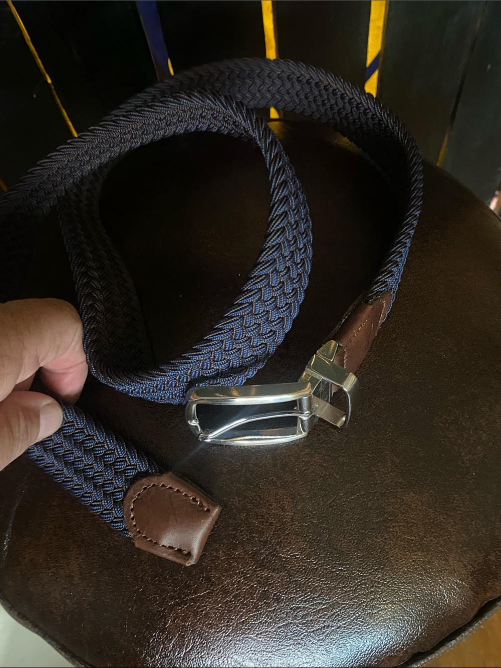 Tommy Bahama Men's Navy and Brown Braided Belt with Brown Leather Trim S/M